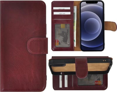 Geschikt voor Iphone 12 Hoesje - Bookcase - Iphone 12 Book Case Wallet Echt Leder Bordeaux Rood Cover