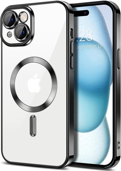 Hoesje geschikt voor Apple iPhone 15 - Techsuit Luxury Crystal Back Cover - Geschikt voor MagSafe - Transparant/Zwart