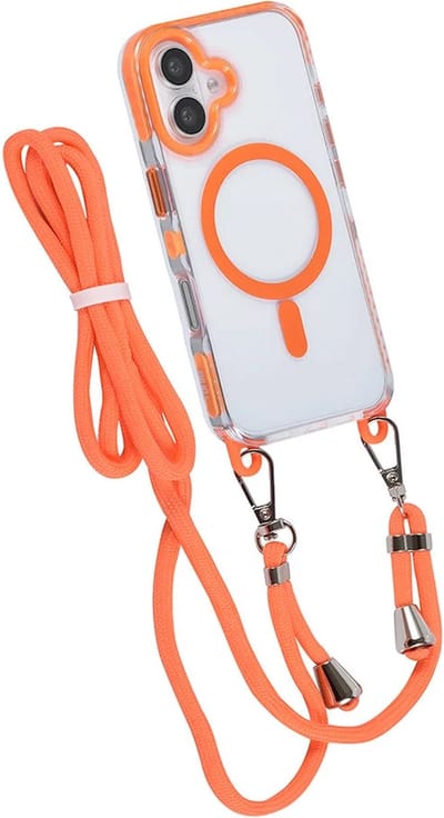 Hoes Geschikt voor: iPhone 16 Plus Hoesje voor om de nek - Magnetisch Magsafe Hoesje Met Koord - Hoes Met Koord - Hoes Cover Met Koord - Oranje