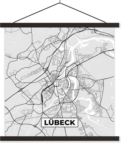 Posterhanger incl. Poster 60x60 cm - Schoolplaat - Duitsland - Stadskaart - Plattegrond - Lübeck - Kaart - Textielposter - Zwarte latten - Stadskaart
