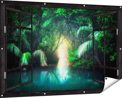 Gards Tuinposter Doorkijk Tropische Jungle met een Turquoise Meer - 150x100 cm - Tuindoek - Tuindecoratie - Wanddecoratie buiten - Tuinschilderij