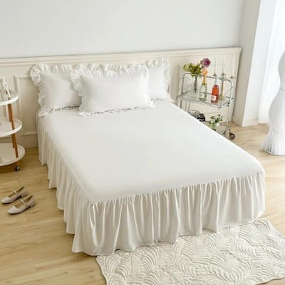 Premium Bedspreien Hoge Kwaliteit 1 Stuk Kant Gerimpeld Effen Kleur Bedrok Slaapkamer Bedden Deksel Bedrok Antislip Matras Cover Beddengoed 1pc skirt 150x200cm wit