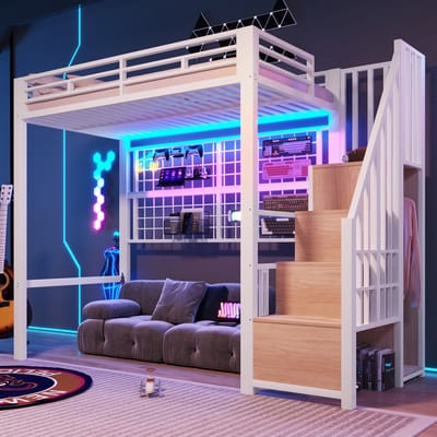DESMIU Hoogslaper 90 x 200 cm - Stevig Metalen Bedframe met Kleerkast en Opbergtrap - Hangrooster en Open Ruimte Onder Bed - Jeugdkamer - Wit - Zonder matras