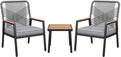Sello! 3-delige tuinset – tafel en 2 tuinstoelen – balkon – tuin – 160kg per stoel – stalen frame – rotan – houtlook – grijs