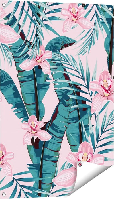 Gards Tuinposter Tropische Roze Zomer Bloemen met Bladeren - 60x90 cm - Tuindoek - Tuindecoratie - Wanddecoratie buiten - Tuinschilderij