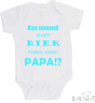 100% katoenen Romper "Kan iemand even bier halen voor papa!?" Vader Vaderdag Papa Unisex Katoen Wit/aquablauw Maat 62/68