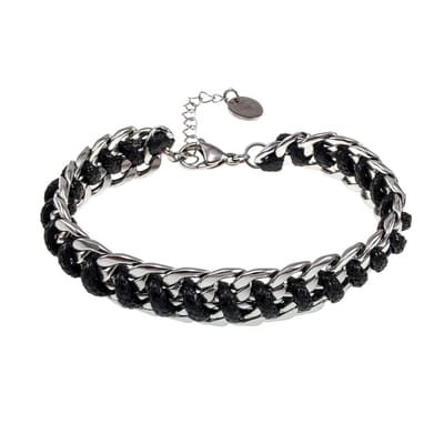 17cm tot 20cm Armband Dames - Zwarte Armband - Gepolijst RVS - Cubaanse Schakelsarmband met Zwart Koord - Verstelbaar
