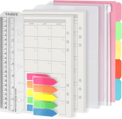 Vulset voor A5 Planner met 90 Vellen Papier, Stickers en Scheidingsbladen - Notitieboek Invoegen met Pocket voor Maandelijkse Planning