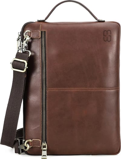 BUGOLINI Velajuel – Luxe Lederen Draagtas Voor Laptop – Verstelbare Draagriem – Geschikt Voor MacBooks Tussen 13 en 14.2 Inch – Met Opberg Vak - Coffee