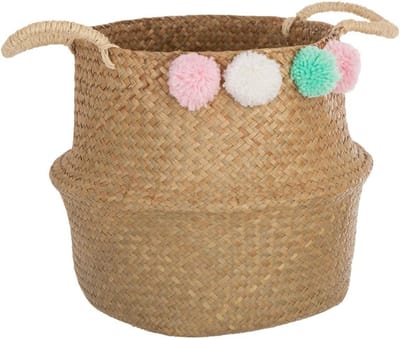 Grote Speelgoedmand met Pompons voor Kinderkamer - Rond - Bruin - 34 cm