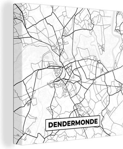 Canvas Schilderij Stadskaart – Zwart Wit - Kaart – Dendermonde – België – Plattegrond - 20x20 cm - Wanddecoratie