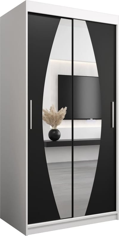 InspireMe - Kledingkast met 2 schuifdeuren, Modern-stijl, Een kledingkast met planken en een spiegel (BxHxD): 100x200x62 - GLOBE 100 Wit Mat + Zwart