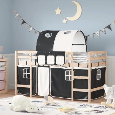JUDYY Hoogslaper met tunnel voor kinderen, wit en zwart, 80 x 200 cm, grenen, bed voor kinderkamer, hoogslaper, bed en bedframe, 3206982