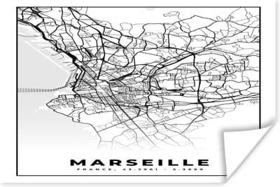 Poster Marseille - Kaart - Stadskaart - Frankrijk - Plattegrond - Zwart wit - 180x120 cm XXL