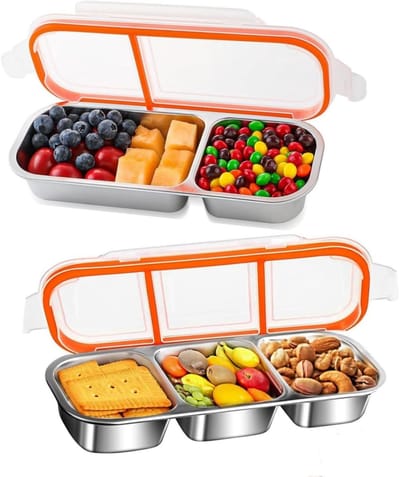 longziming -Roestvrijstalen Lunchbox - Roestvrij Stalen Broodtrommel - Meal Prep Container - Lekvrije Afsluiting - Gescheiden Vakken Indeling - Roestvaststaal - Ideaal Voor Onderweg - 1 Stuk