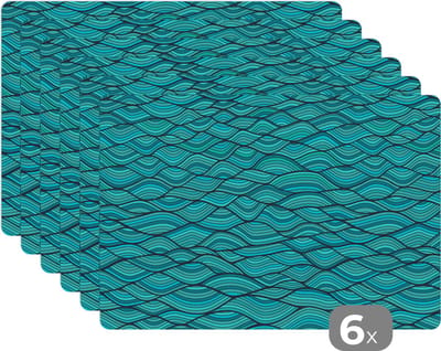 Placemat - Placemats kunststof - Zee - Japan - Blauw - Patronen - 45x30 cm - 6 stuks - Hittebestendig - Anti-Slip - Onderlegger - Afneembaar