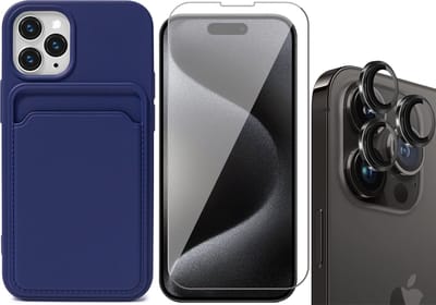 Hoesje Pasjeshouder geschikt voor iPhone 15 Pro - Screenprotector GlassGuard + Camera Lens Screen Protector Zwart - Siliconen Case Back Cover Blauw