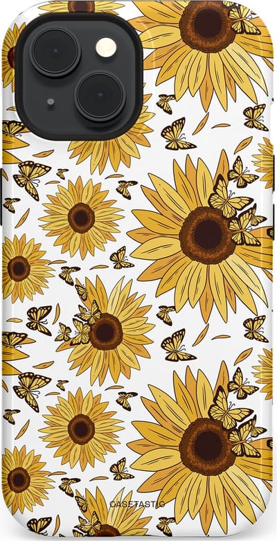 Casetastic Hoesje Geschikt voor Apple iPhone 15 Magsafe - Stijlvolle Beschermende Duo-layer Case - Zonnebloem Zomer met vlinders