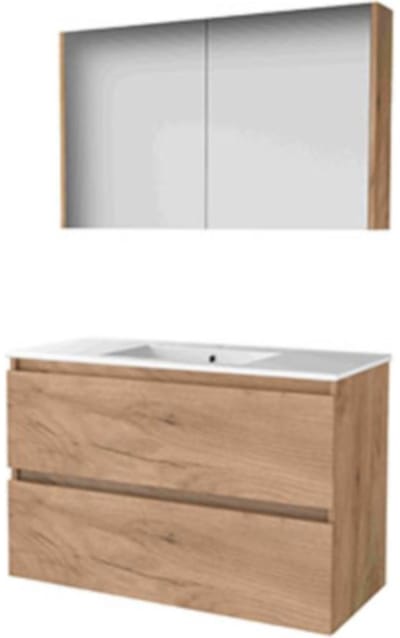 Basic-Line Comfort 46 Badkamermeubelset - 100 x 46 cm - Greeploos - 2 Lades - Keramische Wastafel - 1 Kraangat - Spiegelkast - Whisky Oak