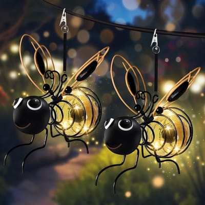 2 Stuks Hangende Bijen Solar Licht voor Buiten - Clip-on Solar Tuinlamp met Veren - Weerbestendige Solar Figuren voor Tuin, Balkon, Terras, Bomen, Paviljoen - Geel - 1 Set