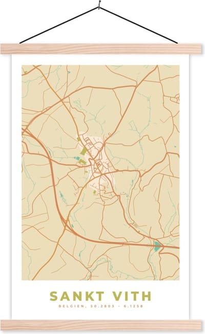 Posterhanger incl. Poster 40x60 cm - Schoolplaat - Kaart - Stadskaart - Plattegrond - Vintage - Sankt Vith - Textielposter - Blanke latten - Stadskaart