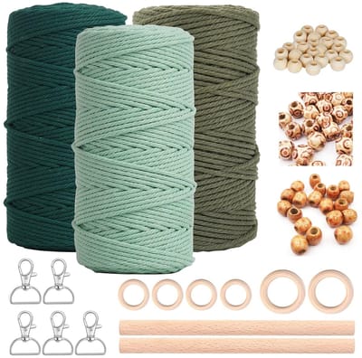3 mm x 60 m, 3-delige macraméset voor doe-het-zelf handwerk, macramé, wandbehang, dromenvanger, bloemenhanger, gordijn, knutselset, koordketting, met 5 sleutelhangers, 60 houten kralen,