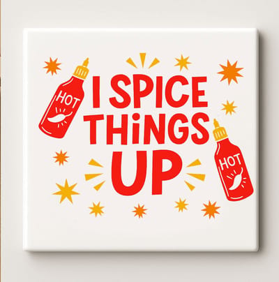 Grappige Keuken Tegel “I Spice Things Up” 15x15 cm – Speelse Hete Saus Keramische Wanddecoratie Cadeau voor Koks en Foodliefhebbers