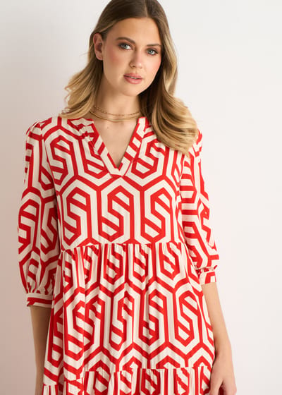 Rode maxi-jurk met geometrische print