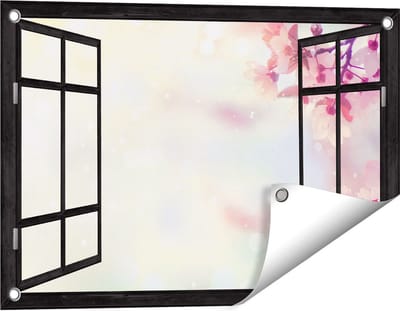 Gards Tuinposter Doorkijk Roze Bloesemboom met Zonneschijn - 60x40 cm - Tuindoek - Tuindecoratie - Wanddecoratie buiten - Tuinschilderij