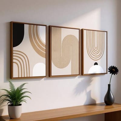 Set van 3 Ingelijste Canvas Muur Kunst - Boho Minimalistische Abstracte Schilderij Prints - Caramel Beige Geometrisch - 30x40cm per stuk