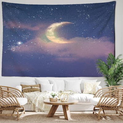 Paars Sterren Maan Wandtapijt Muurhanger Kawayi Kunst Bohemien Psychedelisch Meisjeskamer Slaapzaal Huisdecoratie 95x70CM