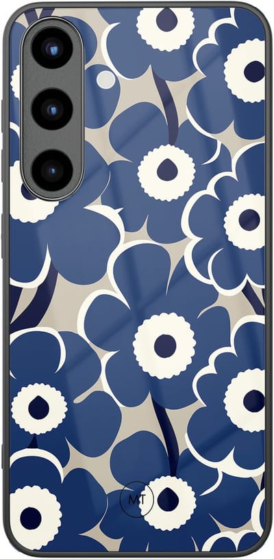 Hoesje geschikt voor Samsung Galaxy S25 - Abstract bloom - Hard Case Zwart Back Cover - Bloemen - Blauw - Mooie Telefoonhoesjes