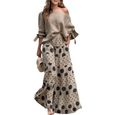 2 stuks/set dames T-shirt broekset schuine hals één schouder lange mouwen strik manchet top losse hoge taille wijde pijpen bedrukt lang XXL abrikoos