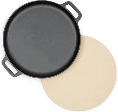 Klarstein Tomahawk 3.1 S Bak- en Koekenset - 2-delige accessoire set: koekenpan en pizzasteen, Ø 29 cm, materiaal pizzasteen: vuurvaste klei, materiaal pan: gietijzer, beige en zwart