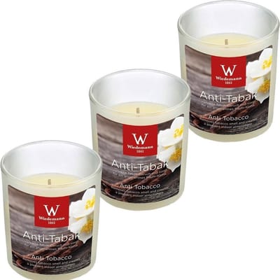Trend Candles Geurkaars - 3x - in glas - Anti tabac aroma - 25 branduren - 7 x 8 cm - woondecoratie - kaarsen