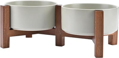 Keramische dubbele hondenvoerbak met acaciahouten standaard - 850 ml, verhoogde bak voor honden en katten, grijs
