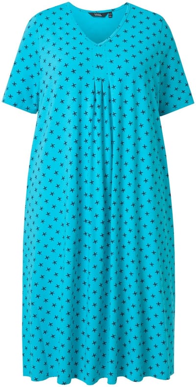 Ulla Popken - Dames - Midi-jurk sterren V-hals korte mouwen zakken - Diepaqua - Maat 42+