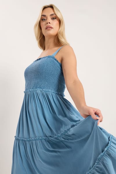 Yours Blauwe Chambray Maxijurk Met Gesmokte Bandjes Size 42