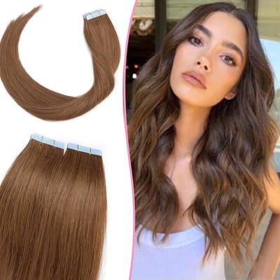 Echthaar Tape Extensions 20 Tressen 100% Remy Haarverlenging voor Volumineus en Lang Haar 12" (30cm) Glatt Hellbraun #6-1 50g
