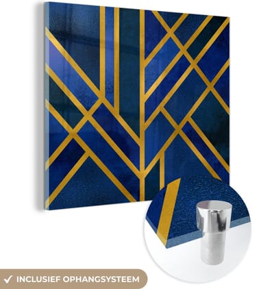 MuchoWow® Glasschilderij 50x50 cm - Schilderij acrylglas - Goud - Blauw - Design - Luxe - Foto op glas - Schilderijen