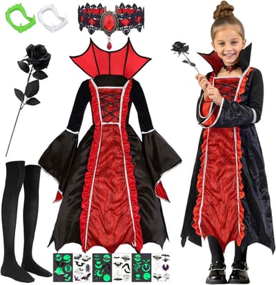 Vampier Kostuum voor Meisjes - 9 Delig Set met Vampier Jurk, Rode Ketting en Vampiertanden voor Halloween en Carnaval Cosplay