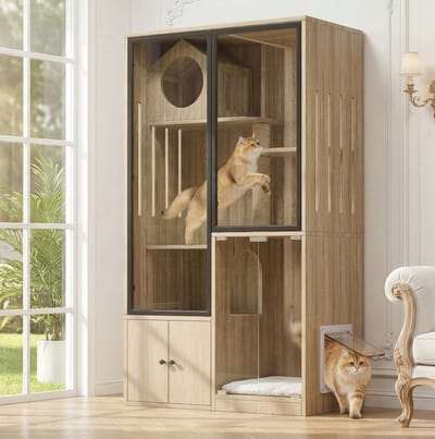 STILVORA Kattenvilla - Meerlagig Kattenhuis Met Krabpaal En Vergrendelbaar Deurtje - Voor Binnen - MDF En Glas - 90x50x160 Cm - Natuurlijk
