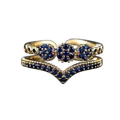 Goudkleurige ring dames aanschuifring open ring dubbele laag V vorm bloemen design blauwe steentjes verstelbare ring minimalistische sieraden