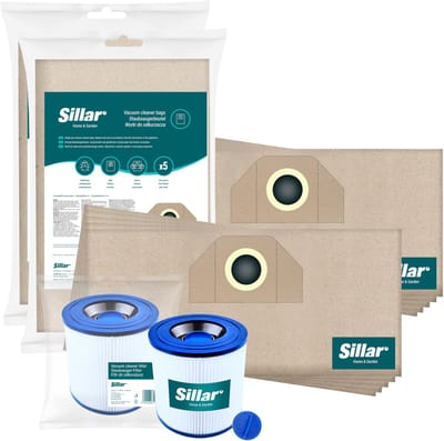 Sillar Stofzuigerzakken, papieren, met sluiting, 10 stuks + 1x stofzuigerfilter, waasbar, set voor stofzuigers, vervangers, compatibel met Karcher serie A, K, NT, MV, SE, WD, WD2-3