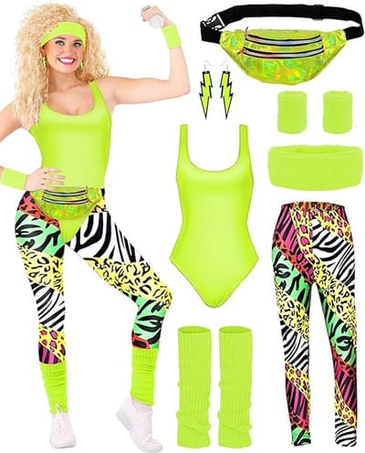 80's Neon Fitness Kostuum Dames – Aerobics Outfit met Legging, Body, Heuptasje & Accessoires – Carnaval & Themafeest - maat L