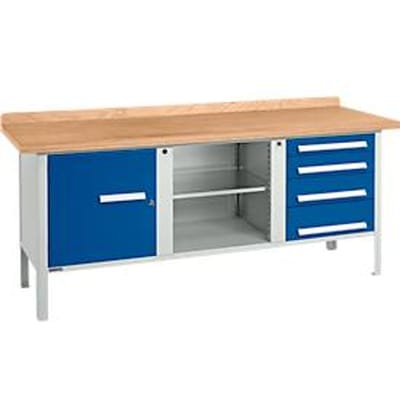 Box-type werkbank Schäfer Shop Select PWi 150-7, beuken multiplex blad, tot 750 kg, B 1500 x D 700 x H 840 mm, gentiaanblauw