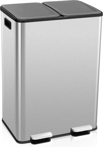 Prullenbak 2 vakken - Afvalscheiding - 2 x 30 L inhoud - Duo pedaalemmer Grijs- Afvalemmer 30 Liter - Recycle Afvalbak - Afvalscheidingsprullenbak - Hygiënisch Afval Scheiden - Keuken Vuilbak - Kantoor Prullenbakk