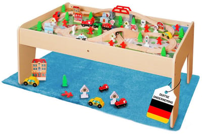 Coemo speeltafel met houten spoorweg, 90 onderdelen, rails, trein, huisjes, multifunctionele tafel voor kinderen, natuurlijk