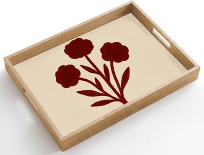 Dienblad hout 50x35 cm - Schootdienblad - Bloemen - Bladeren - Rood - Minimalistisch - Borrelplank rechthoek - Plateau dienbladen
