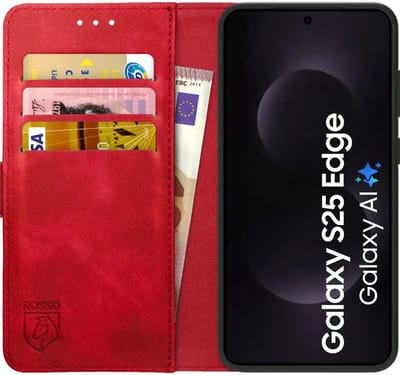 Rosso Element Geschikt voor Samsung Galaxy S25 Edge | Wallet Book Case | Portemonnee Hoesje | 3 Pasjes | Magneetsluiting | Stand Functie | Rood